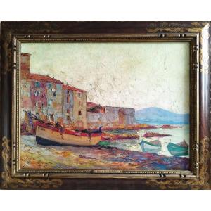  Oil Painting Seascape Saint Tropez La Ponche By Paul Pierre Emiot 20th C