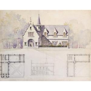 Dessin d'Architecture Aquarelle Manoir Néo-gothique 