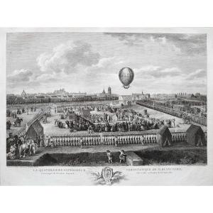 Montgolfière de Blanchard à Lille gravure 18ème d'après Watteau