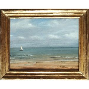 Tableau huile marine Voilier Bord de mer La plage de Normandie 19ème