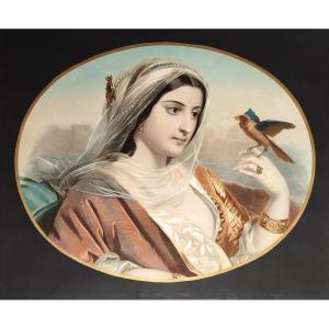 Femme orientale à l'oiseau lithographie couleurs XIXème
