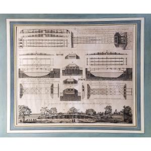 Gravure Ancienne Architecture Le Pont Sur La Wertach Près Ehringen En Bavière