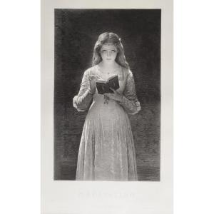 Engraving By Hermann Eichens Meditation  Etching Portrait Of A Lady After Cot 19th C Old Print