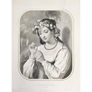 Lithograph The Daisies Or Superstition After Romain Cazes 19th C Old Print