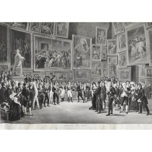 Grande gravure par Jazet Salon des artistes français 1824 avec Charles X 19ème