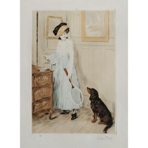 Georges Plasse joueuse de tennis et son chien aquatinte