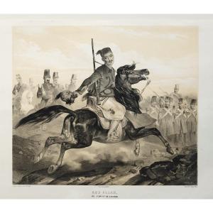 Cheval arabe Abd Allah au combat de l'Habra lithographie XIXème d'après Bayot