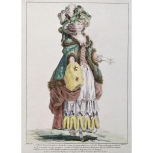 Femme à la mode Eau-forte aquarellée d'après Watteau 18ème