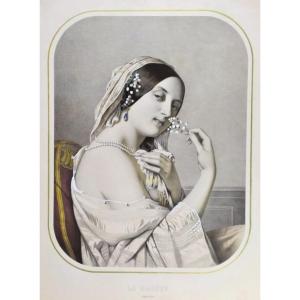 Lithographie aquarellée portrait femme 19ème 