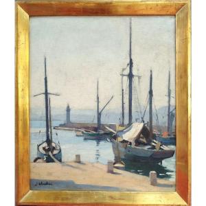 Saint Tropez par Joseph Chauleur Huile Sur Toile Vue Du Port Marine Voiliers Tableau 20ème