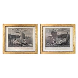 Pair Of Neo-classical Allegorical Engravings After Mallet Empire Period Etching Old Print