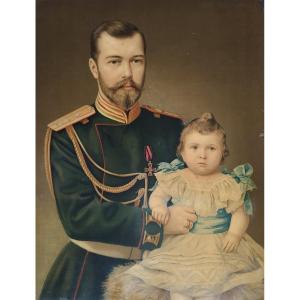 Tsar Nicolas II et la grande-duchesse Olga Chromolithographie 20ème