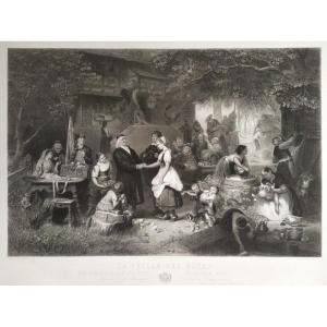Grande gravure scène de genre 19ème