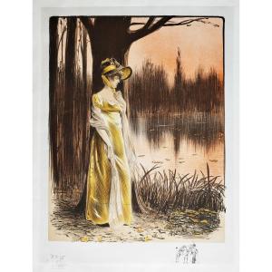 Portrait Of A Lady Dreaming Etching By Louis Vallet, 20th C Old Print
