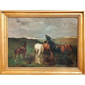 Tableau huile sur toile l'Abreuvoir chevaux le soir d'après Evariste-Vital Luminais 19ème