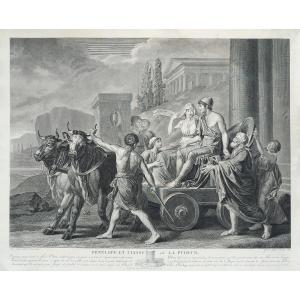 Grande gravure ancienne mythologique Pénélope et Ulysse XVIIIème