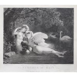 Nymphs Leda And The Swan: An Antique Engraving By Desnoyers, After Guillon Lérhière Etching