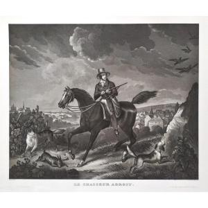 Gravure De Chasse Par Moreau Chasseur Cheval Chien 19ème