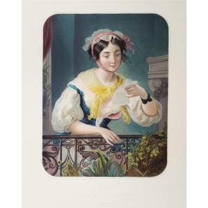 Portrait de femme gravure ancienne par Garnier d'après André, aquarellée