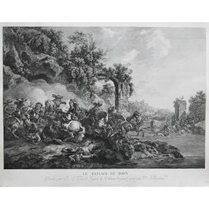 Engraving Of The Battle Of Le Passage Du Rhuin, 18th C Horses Mounted Cavalry