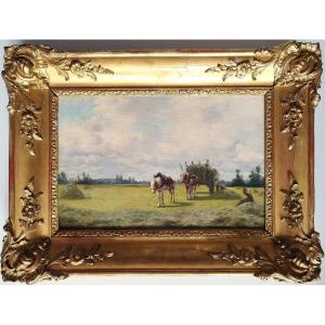  Oil Painting Landscape  The Harvest By Léon Louis Oury, 19th Century