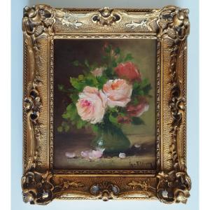 Tableau huile nature morte fleurs roses signé G.Fleury XXeme