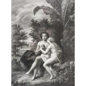 Eve Nude And Adam Biblical Scene Engraving