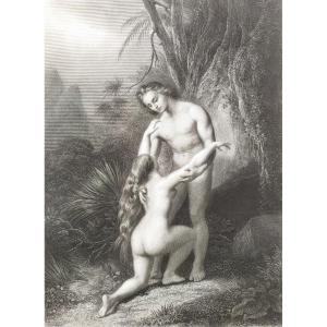 Eve Nude Adam Biblical Scene Engraving