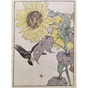 Japanese Woodblock Print The Sunflower And The Bird