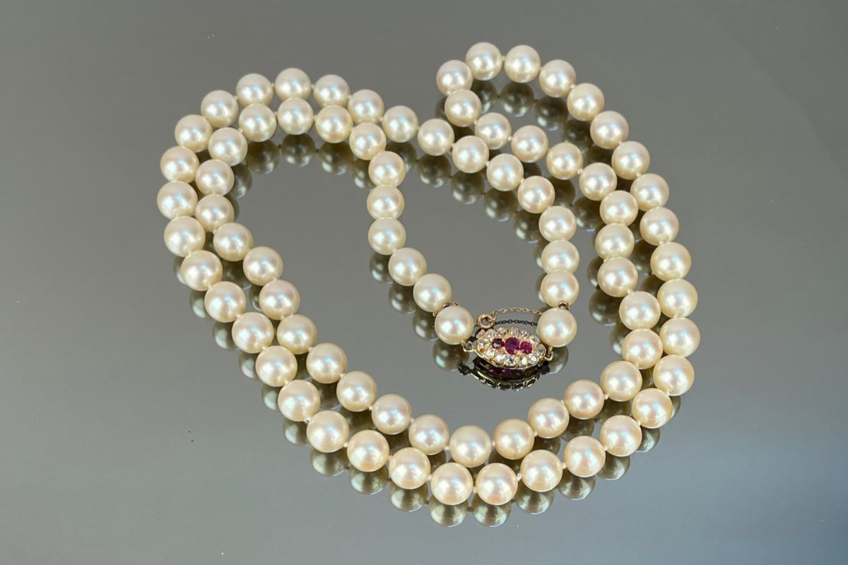 Necklace Of Cultured Pearls Clasp Ruby And Diamonds-photo-2