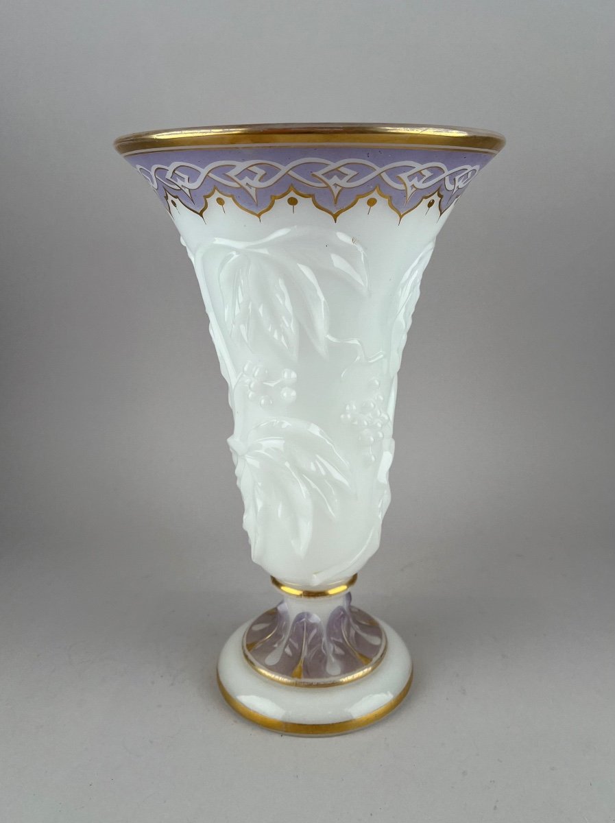 Baccarat. White Opaline Vase Mould With Purple And Gold Decoration. 1865.