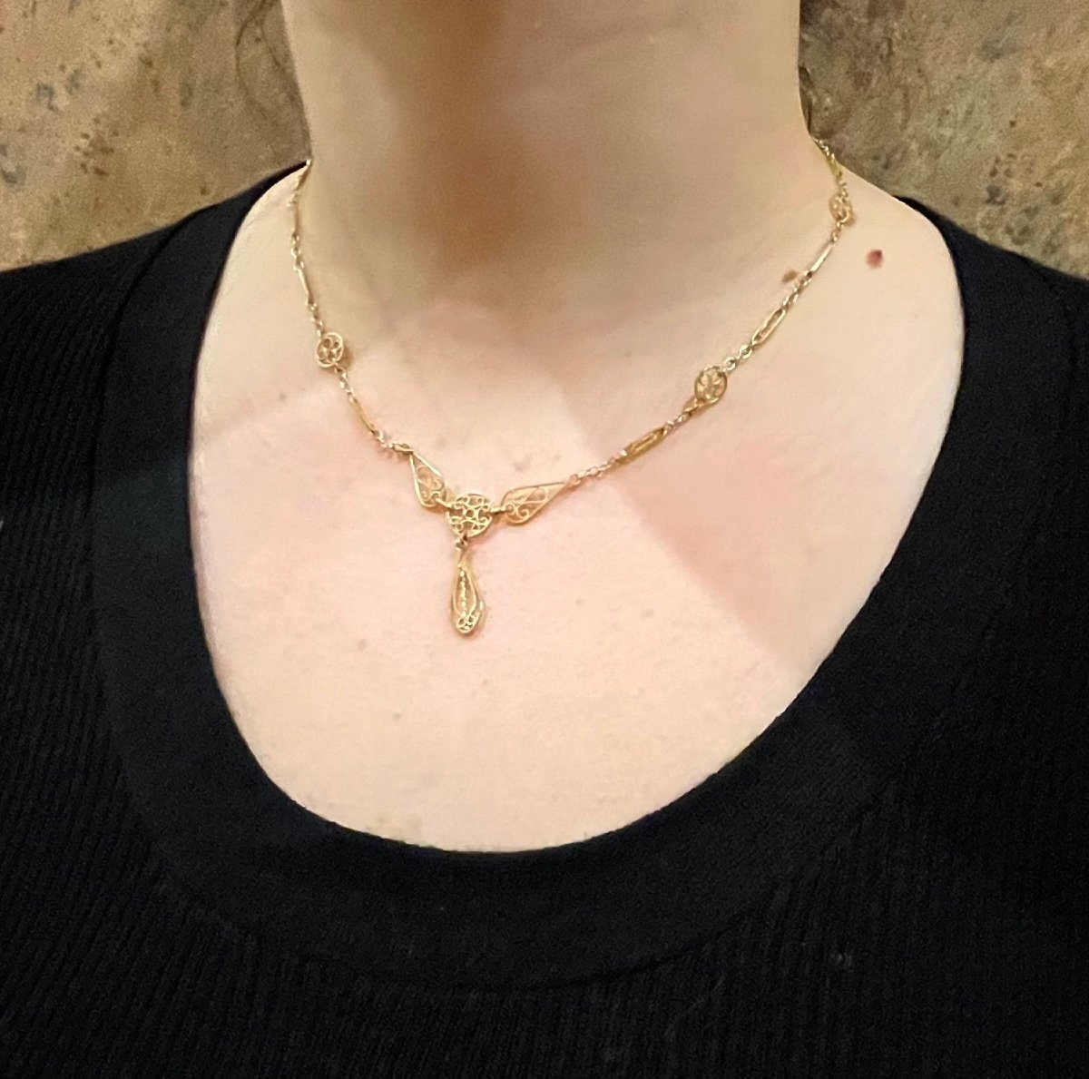 Petit Collier De Jeune Fille En Or Jaune 750 Millièmes Avec Pendentif époque Fin XIXème Siècle-photo-5