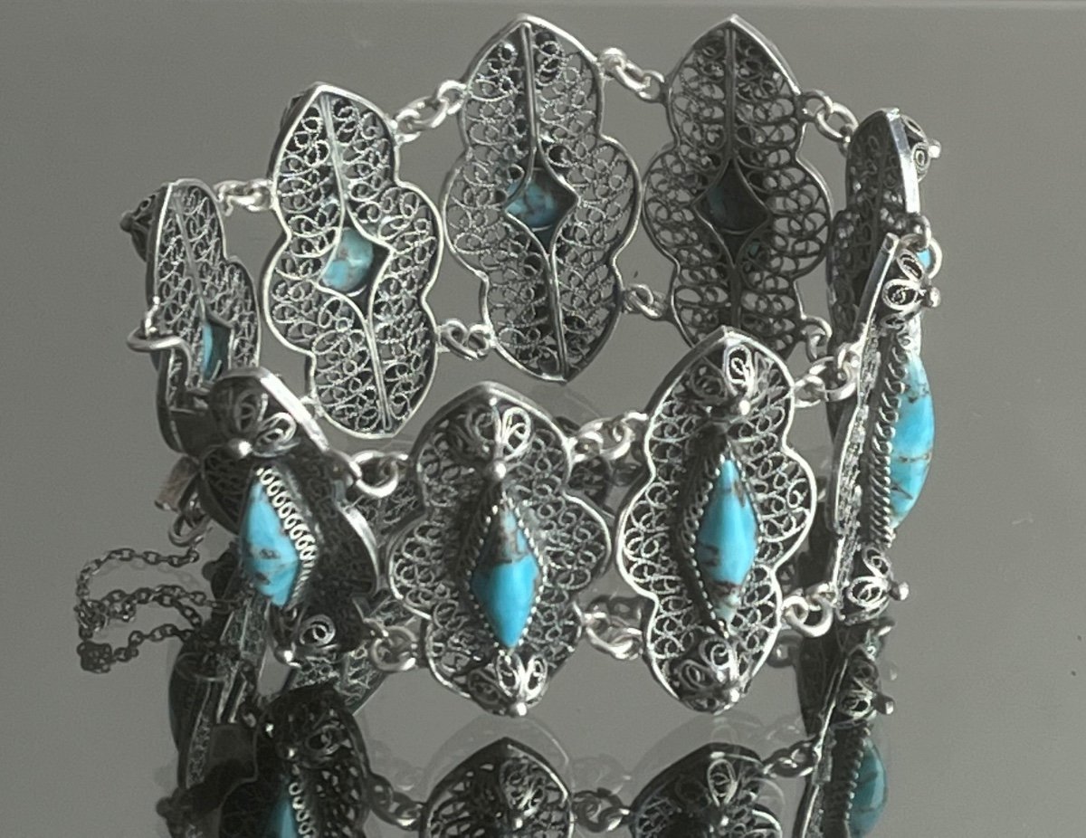 Bracelet In Silver And Turquoise Stones From The 19th Century-photo-3