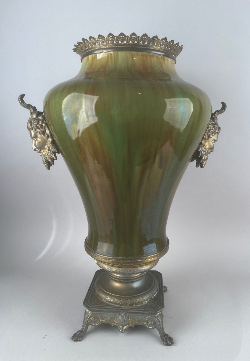 Grande Potiche En Céramique Verte Et Monture En Régule d'époque Napoléon III-photo-4
