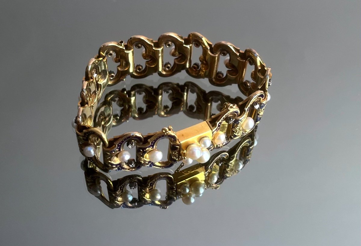 Bracelet Gourmette En Or émaillé Bleu , Perles Et Diamants d'époque Napoléon III-photo-2