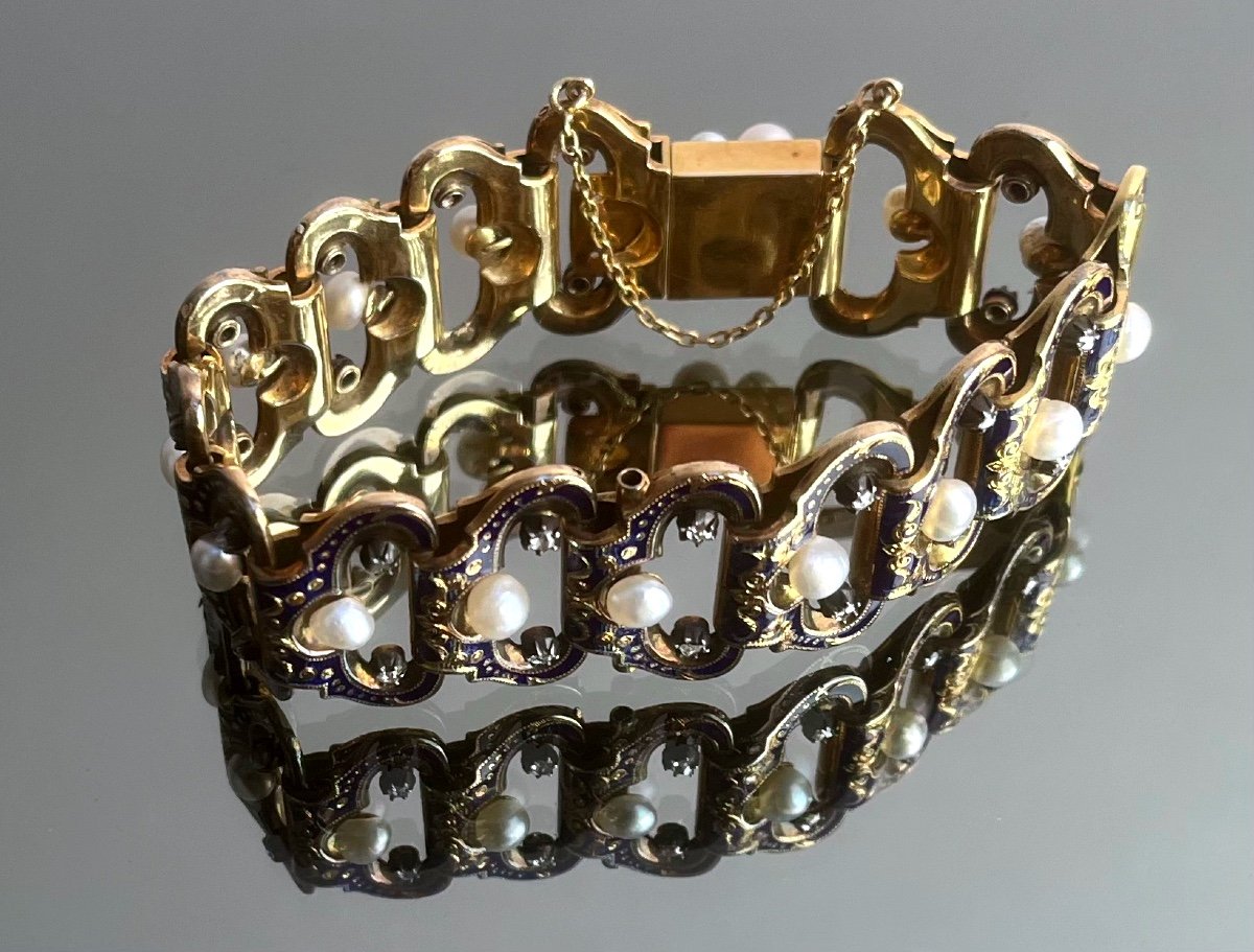 Bracelet Gourmette En Or émaillé Bleu , Perles Et Diamants d'époque Napoléon III-photo-4
