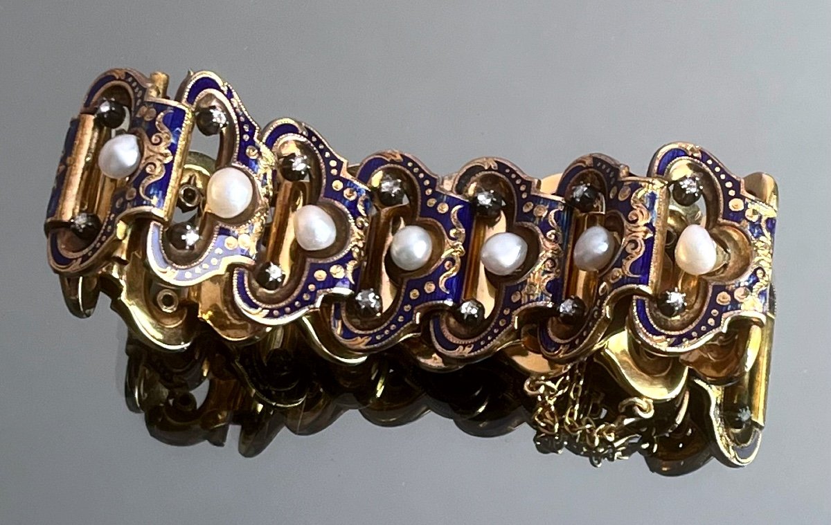 Bracelet Gourmette En Or émaillé Bleu , Perles Et Diamants d'époque Napoléon III-photo-1