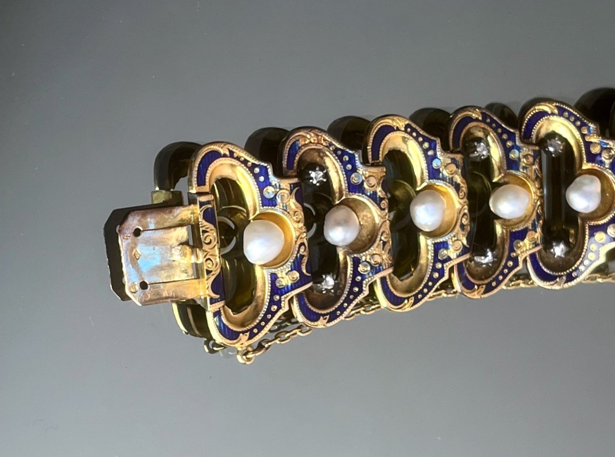 Bracelet Gourmette En Or émaillé Bleu , Perles Et Diamants d'époque Napoléon III-photo-2