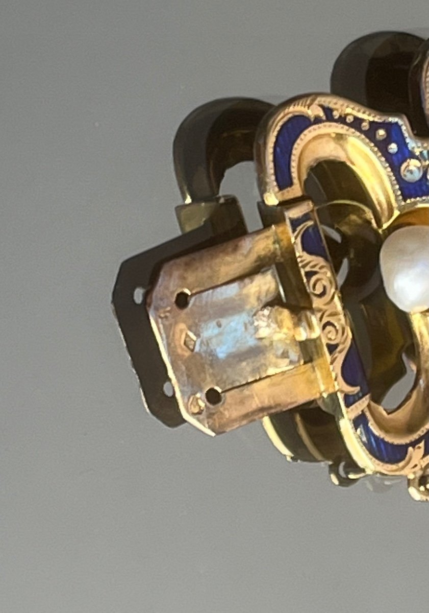 Bracelet Gourmette En Or émaillé Bleu , Perles Et Diamants d'époque Napoléon III-photo-3