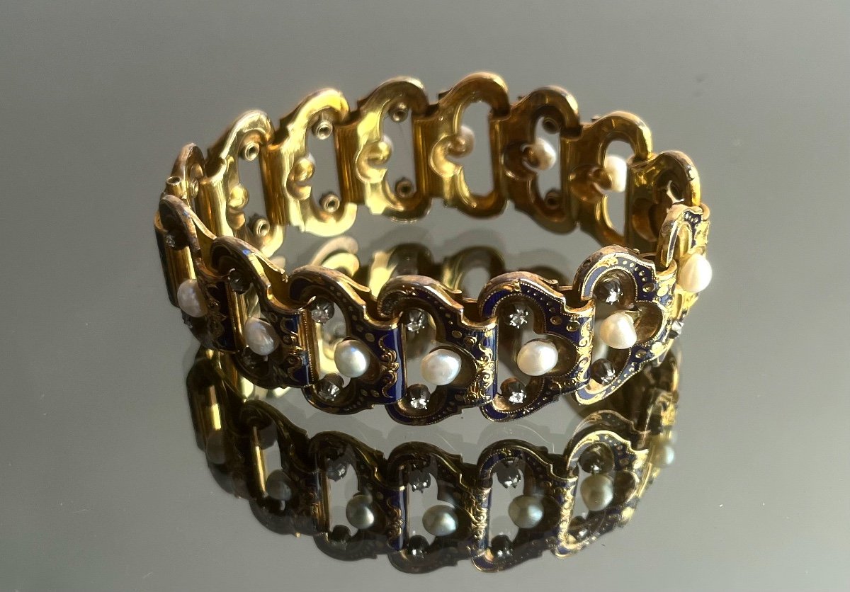 Bracelet Gourmette En Or émaillé Bleu , Perles Et Diamants d'époque Napoléon III