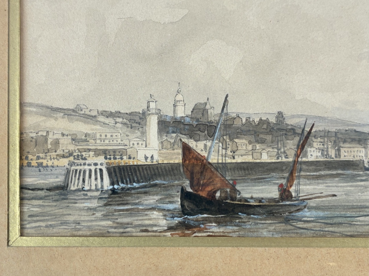 Aquarelle représentant le port de Boulogne  époque XIXème siècle-photo-4
