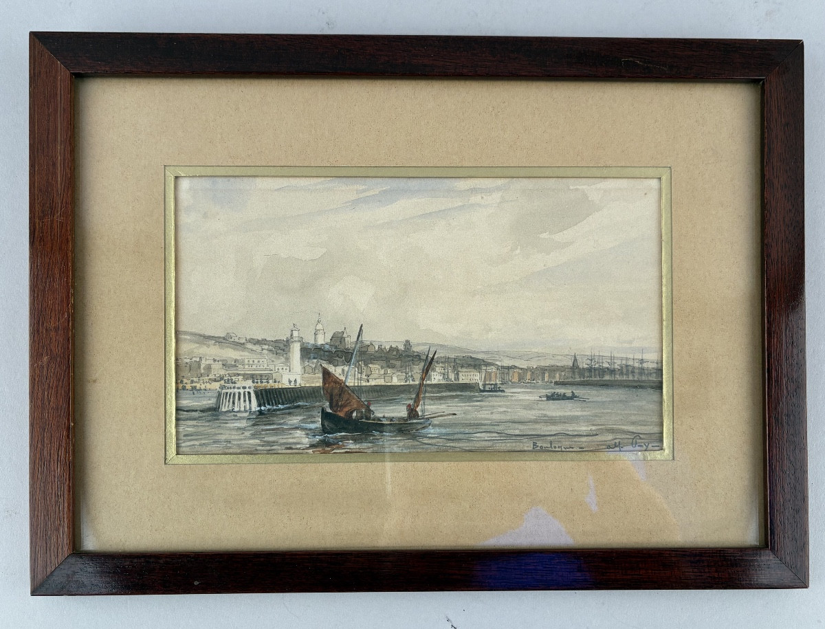 Aquarelle représentant le port de Boulogne  époque XIXème siècle