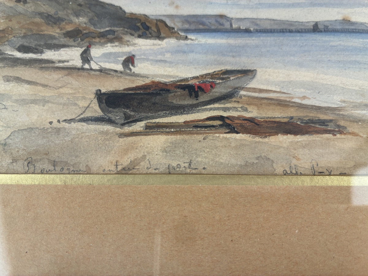 Watercolor Depicting The Entrance To The Port Of Boulogne, 19th Century-photo-3