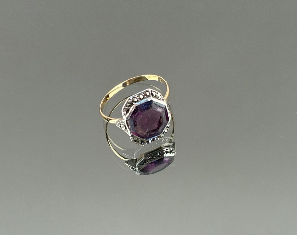 Gold And Silver Ring With Mauve And Marcasite Stones, Early 20th Century-photo-2