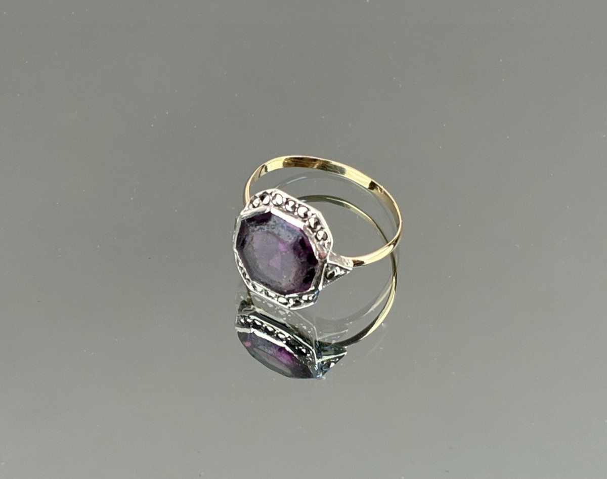 Gold And Silver Ring With Mauve And Marcasite Stones, Early 20th Century-photo-1