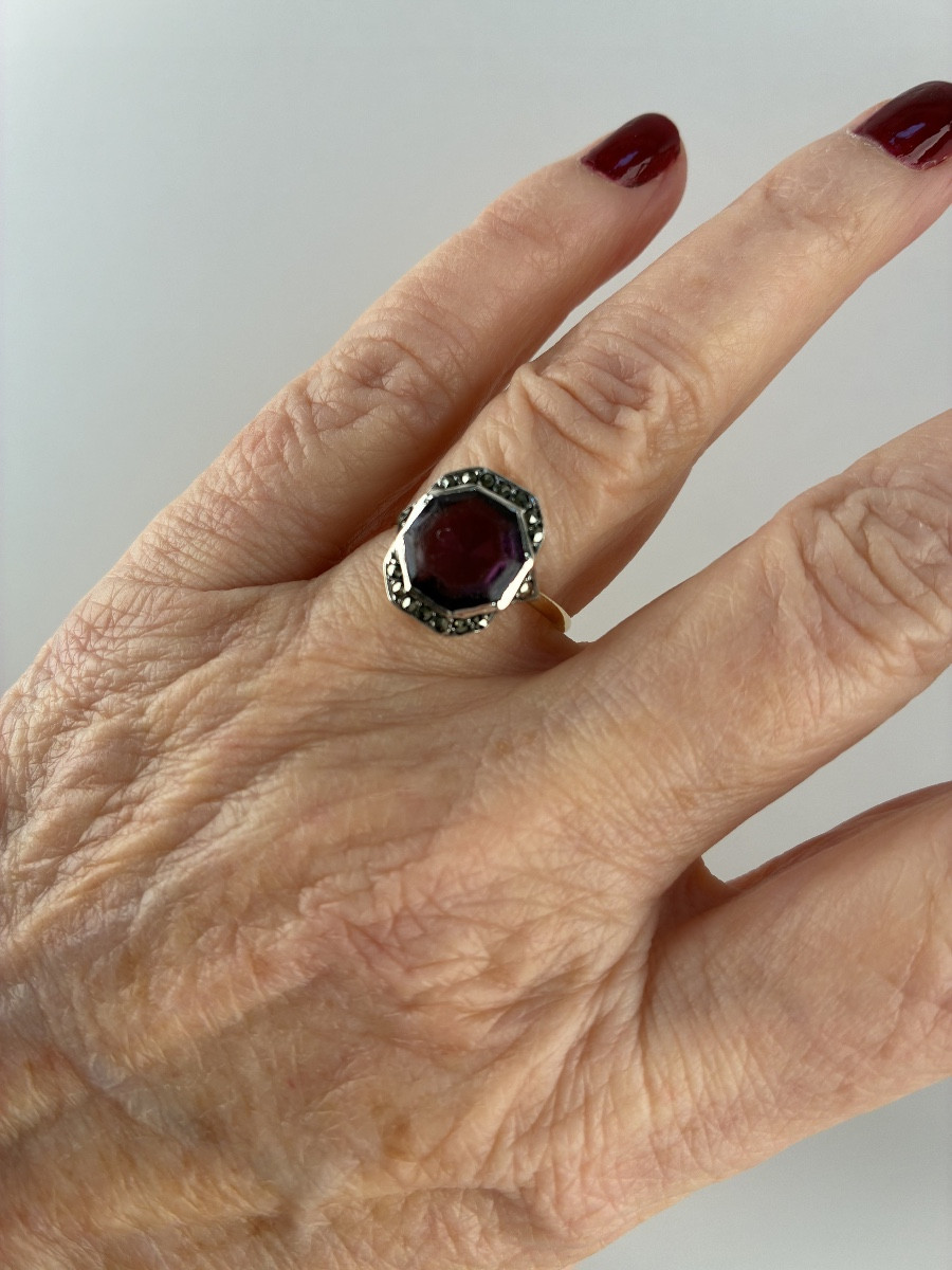 Gold And Silver Ring With Mauve And Marcasite Stones, Early 20th Century-photo-2