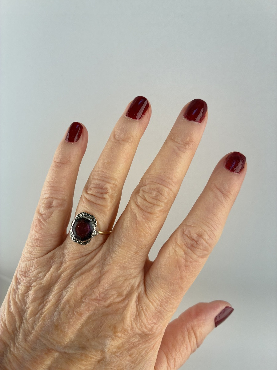 Gold And Silver Ring With Mauve And Marcasite Stones, Early 20th Century-photo-3