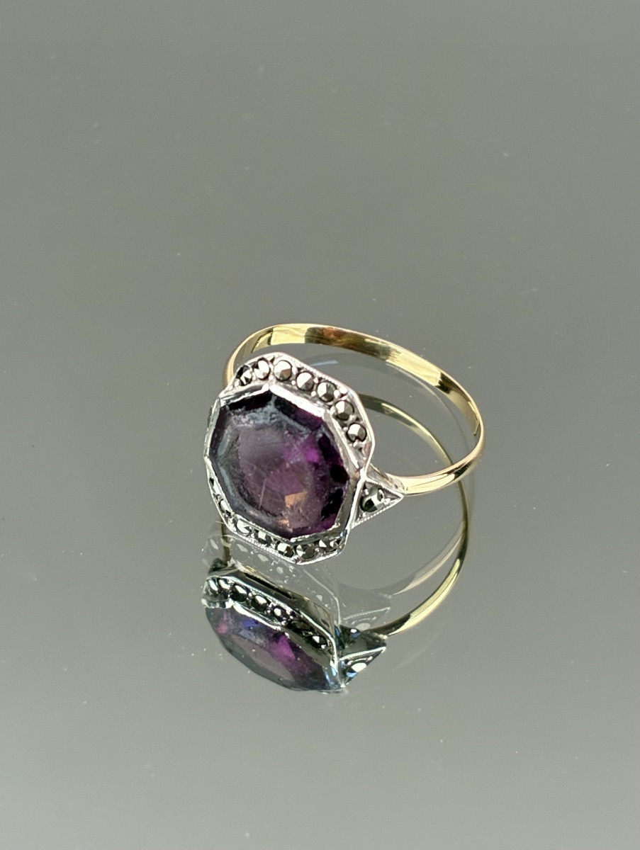 Gold And Silver Ring With Mauve And Marcasite Stones, Early 20th Century