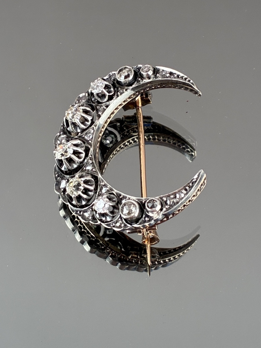 Gold, Silver And Diamond Crescent Moon Brooch From The Napoleon III Period -photo-2