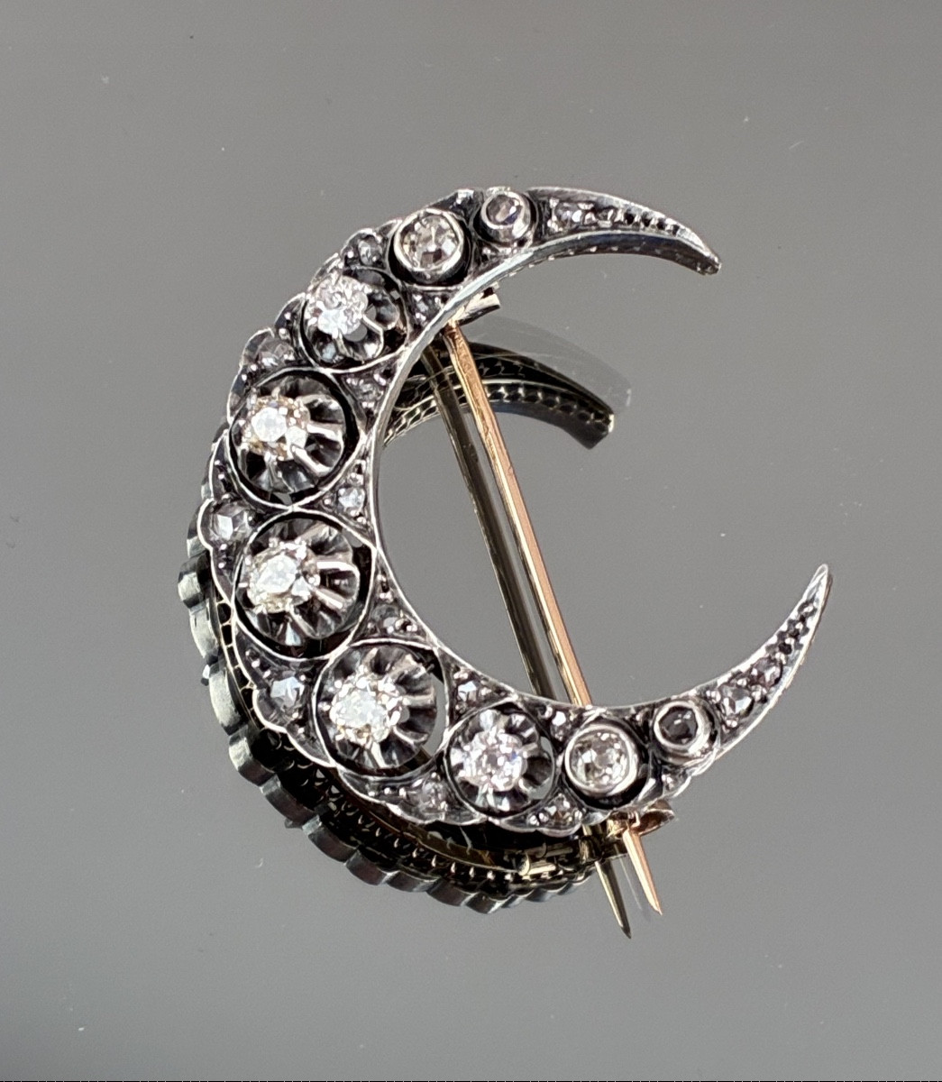 Gold, Silver And Diamond Crescent Moon Brooch From The Napoleon III Period -photo-4